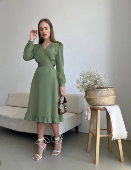 Сукня міді на запах оливкового кольору 34472 One Size