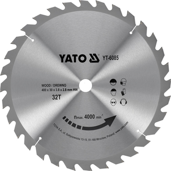 Диск пиляльний побідитовий по дереву YATO 400х30x3.8x2.8 мм 32 зубці до 4000 об/хв (YT-6085)