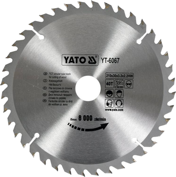 Диск пиляльний по дереву YATO 210х30 мм 40 зубців до 8000 об/хв (YT-6067)