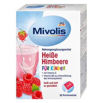 Вітамінний гарячий напій для дітей проти застуди Mivolis Hot Drinks For Kids Гаряча малина, палички порційні, 20 шт, 100 г, від DM (Німеччина)