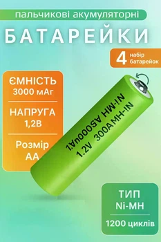 Акумуляторні батарейки Ni-MH AA 3000mAh 1.2V – набір 4 шт, багаторазова зарядка