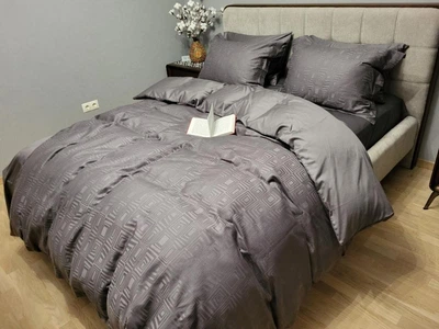 Постільна білизна з резинкою SQUARE DARK GREY, сатин Полуторний розмір, наволочки 70/70