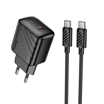 Сетевое зарядное устройство адаптер Hoco CS24A Puerto |1Type-C, 25W/3A, поддержка быстрой зарядки PD/QC/FCP/AFC, многоуровневая система защиты, универсальная совместимость| + Кабель Type-C to Type-C в комплекте |1 м, 60 Вт| Черный