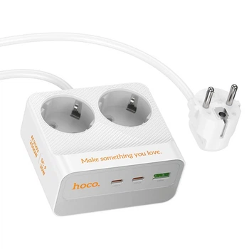 Мережевий зарядний пристрій подовжувач Hoco AC27, USB, 2 Type-C, PD 30W, 2 розетки, 2m, white