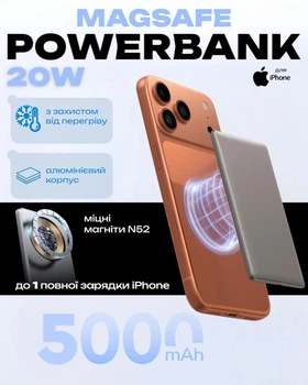 Магнітний повербанк MagSafe бездротовий powerbank портативний power bank тонкий магнітна зарядка магсейф зовнішній акумулятор максейв алюмінієвий для iPhone айфона Apple 12 / 13 / 14 / 15 / 16 / 17 5000 mAh 20W швидка Aluminium QINETIQ MAGPRO P15 Brown