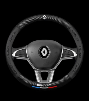 Шкіряний чохол на кермо Renault Sport Brend (37-39см),чорний зі вставкою з вуглеволокна