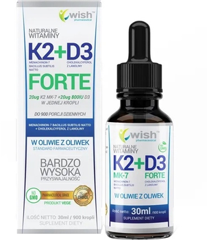 Дієтична добавка Wish Pharmaceutical Вітамін К2 МК-7 + D3 Forte краплі 30 мл (5905279219915)