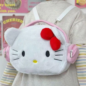 Женская плюшевая сумка-рюкзак с ушками Hello Kitty, бело-розовая (10529)