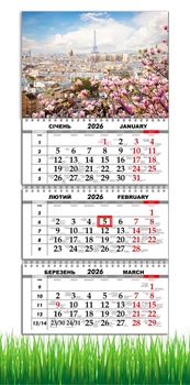 Календарь настенный квартальный на 2026 год на три пружины, Apriori , Город , Париж , Цветы , 29,7х61 см