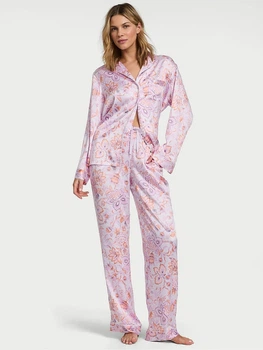 Піжама Сатинова Victoria's Secret Purple Floral Satin Long Pyjamas Set L Regular Ліловий (26811556D)