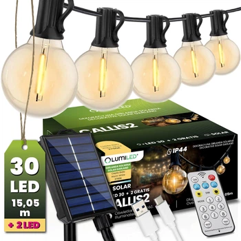 Солнечная садовая декоративная гирлянда 30 LED-фонариков +2шт в подарок, 15.05м, теплый свет 2700K, IP44, с пультом, зарядка