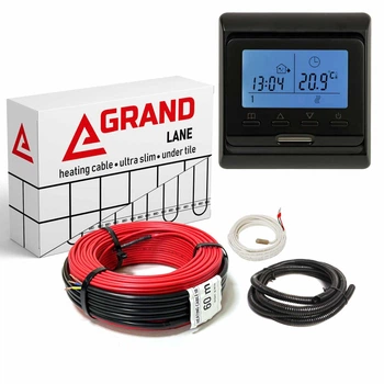 Теплый пол Grand Lane 9,9 м2/1440 Вт/80 м нагревательный кабель glc14480k4 под плитку 18 Вт/м и терморегулятор программируемый Черный