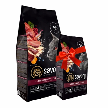 Набор сухой корм для стерилизованных кошек Savory Adult Cat Steril Fresh Turkey and Duck, с индейкой и уткой 2 кг + 400 г