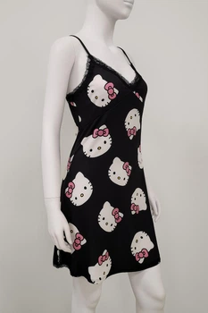 Ночная рубашка женская Hello Kitty: кружевная, на бретелях, чёрная с принтом, размер 2XL (10649)