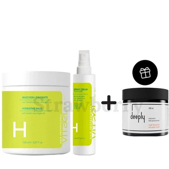 Набор для увлажнения волос Vitael и в подарок Скраб Deeply 300мл Набор: Маска Vitael Dry Hair Hydrating 1л, Термозащита 10в1 Vitael Dry Hair Spray Cream 150мл и в подарок Скраб для кожи головы Deeply 300мл
