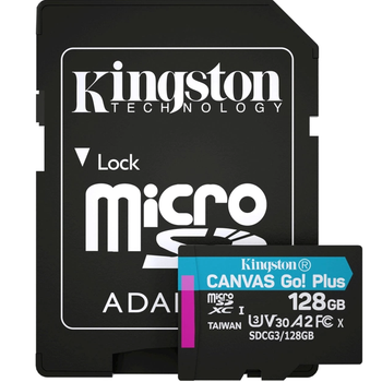 Карта памяти Kingston microSDXC 128Gb Canvas Go Plus A2 V30 UHS-1 U3 (R-170 Mb/s, W-90 Mb/s) + Adapter SD