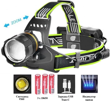 Фонарь налобный BL-A13-3-P360, 1 РЕЖИМ, 3x18650, zoom, ЗУ Type-C, Box