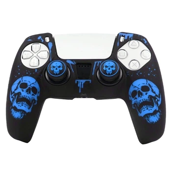 Защитный силиконовый чехол Scull (Black/Blue) для геймпада Sony DualSense PS5 + накладки на стики