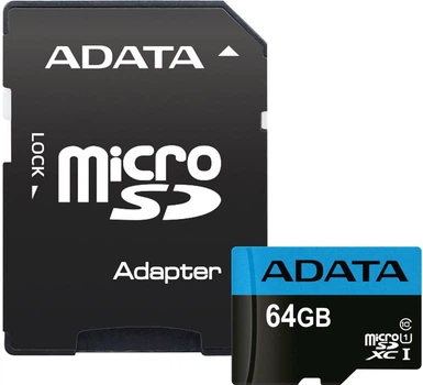Карта памʼяті A-DATA Premier microSDXC 64Gb Class 10 UHS-1 A1 + SD адаптер (AUSDX64GUICL10A1-RA1)