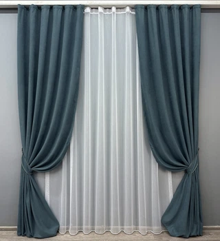 Комплект штор VR-Textil Микровелюр Petek 100х270 2шт и Тюль 300х270 1489ш-1153т Серо-голубой с белым 71-033/1