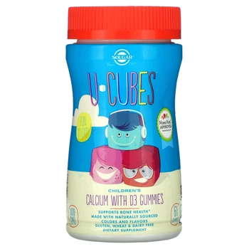 Кальцій з вітаміном Д3 для дітей, U-Cubes, Children's Calcium With D3, Solgar, смак рожевого лимонаду, чорниці, полуниці, 60 жувальних цукерок