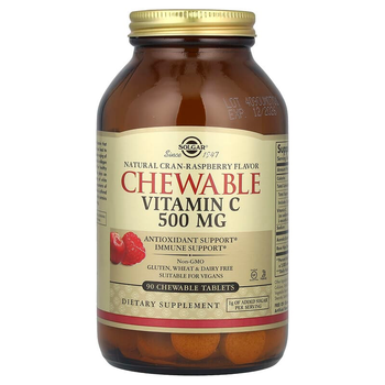 Вітамін С жувальний, Chewable Vitamin C, Solgar, смак журавлина-малина, 500 мг, 90 жувальних аблеток