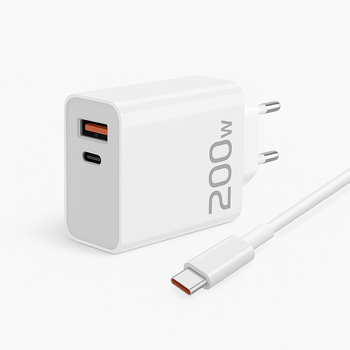 Сетевое зарядное устройство 200Вт PD/QC, USB-C+USB-A, кабель USB-C, белый