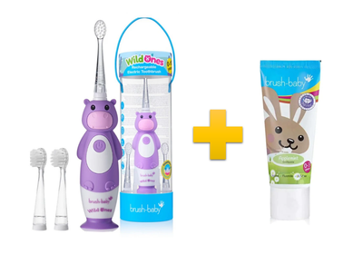 Комплект Brush-Baby WildOnes Sonic (0-10 років) Бегемот + Зубна паста Brush-Baby 0-3