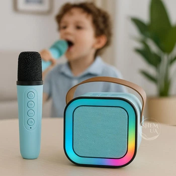 Колонка-караоке Bluetooth з бездротовим мікрофоном і RGB підсвіткою, портативна акумуляторна міні акустика з USB, AUX, TF, музична колонка з потужними басами для дітей і дорослих Блакитна, K24-MK12-Blue
