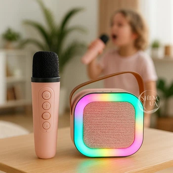 Колонка-караоке Bluetooth з бездротовим мікрофоном і RGB підсвіткою, портативна акумуляторна міні акустика з USB, AUX, TF, музична колонка з потужними басами для дітей і дорослих, Рожева, K24-MK12-Pink