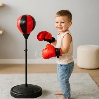 Боксерська груша дитяча на стійці з рукавичками Punching Ball Set, набір для боксу з пружиною, насосом і регульованою висотою для дому та вулиці, спортивний тренажер для дітей Червоний/чорний, PBSE-115
