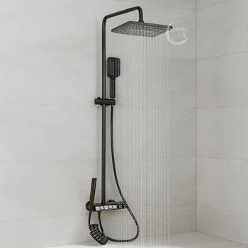 Душевая система настенная с термостатом и дисплеем Shower Series, комплект для душа с воронками и стойкой из нержавеющей стали, смеситель для ванной с верхним, ручным и гигиеническим душем. Черный/хром ASD-66-Black/Chrome