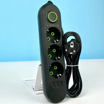 Подовжувач з мережевим фільтром, 3 розетки та 3 USB, потужність 2500W Без бренду