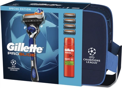 Подарунковий набір для чоловіків Gillette UEFA Champions League Special Edition Станок Fusion5 Proglide Flexball з 4 змінними картриджами + Гель для гоління Fusion для чутливої шкіри 200 мл + Косметичка (8006530028820)