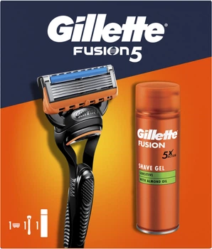 Подарунковий набір для чоловіків Gillette Станок для гоління Fusion5 з 1 змінним картриджем + Гель для гоління Fusion для чутливої шкіри 200 мл (8006530032605)
