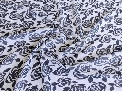 Ткань Шифон цветы и полосы, синие на белом, пог. м. (ш019, MG 82546/13, д825А цв1)