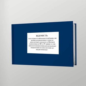 Відомість щодо кількості військовослужбовців, які пройшли відновлення в пунктах психологічної допомоги, у ЦВ на III та IV рівнях, A4, альбомна орієнтація. Тверда обкладинка