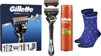 Подарунковий набір для чоловіків Gillette Станок для гоління Fusion5 Proglide Flexball з 2 змінними картриджами + Гель для гоління Fusion Для чутливої шкіри 200 мл + Шкарпетки (8006530032346)