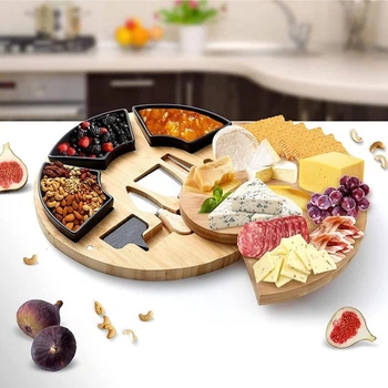 Доска бамбуковая круглая для сыра и закусок с ножами для нарезки, деревянная менажница диаметр 33 см цвет черный