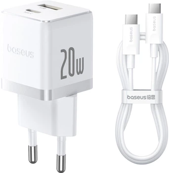 Зарядний пристрій Baseus Palm Fast Charger C+U 20W EU Moon White With Cable Type-C to Type-C 60W 1 м (P10111608213-01)