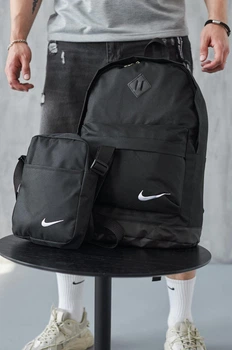 Набір аксесуарів чорний рюкзак зі шкіряним дном Nike та сумка барсетка через плече для спорту тренувань міста і щоденного використання влітку
