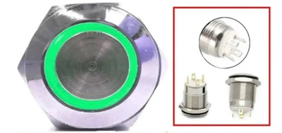 Кнопка антивандальная 19 мм 220V, с фиксацией, ЗЕЛЕНАЯ ПОДСВЕТКА