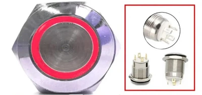 Кнопка антивандальная 22 мм 220V, без фиксации, КРАСНАЯ ПОДСВЕТКА