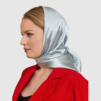 Атласный платок женский серый шёлковый однотонный классический квадратный шарф на голову плечи глянцевая косынка из шелка с блеском для женщин 90х90 см