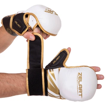 Перчатки Крабы спаринговые для MMA на липучке размер XL Полиуретан Zelart белый-черный-золотой BO-3393