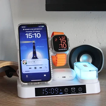 Беспроводная зарядка для Apple Watch iPhone Airpods 30w 5 в 1 Док-станция с часами и ночником