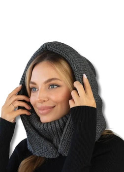 Женский капор-капюшон с воротником вязанный - Анжелика (one-size) - Темно-серый