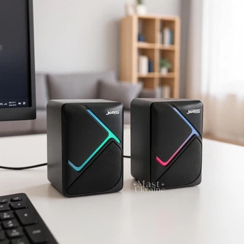 Колонки компьютерные игровые с RGB подсветкой JEDEL 6Вт для ПК, ноутбука, телевизора, настольные проводные динамики с басами, мощная акустическая система для музыки и игр с USB питанием, комплект 2шт Черные, S-526-Black