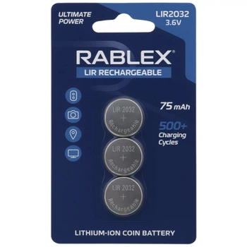 Акумулятор батарейка Rablex LIR2032 3.6v 75mAh 3 шт
