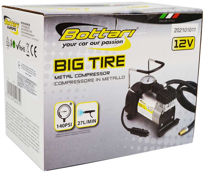 Kompresor samochodowy z manometrem Bottari BIG TIRE B12V-140 PSI 12A (8052194240610)